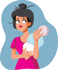 Sleep Deprived Mom Holding Baby Vector Illustration. Mother feeling exhausted trying to nurse her infant 
