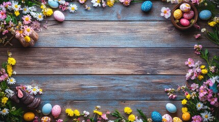 Obraz premium Chocolate bunny surrounded by candy eggs and spring flowers on a rustic wooden table, creating a joyful Easter greeting card background.