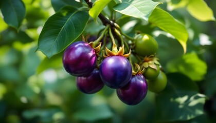 Lush mangosteens hanging on the tree with leaves- represents nature&acirc;&euro;&trade;s bounty and exotic flavors - perfect for food blogs, culinary art, and tropical fruit themed marketing materials