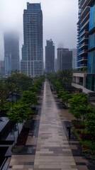 Fototapeta premium Modern City Walkway Skyscrapers Green Trees Urban Landscape