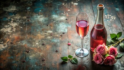 Urban exploration photography captures rose champagne still life.  Gray table provides neutral contrast. Copy space included.