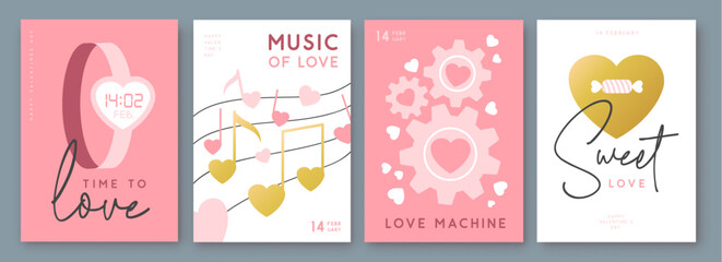 Set of Happy Valentines Day greeting cards, covers or posters with love hearts in modern style. Valentine background. Flat design. Vector illustration
