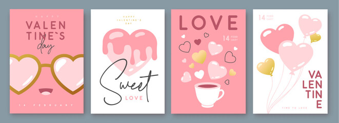 Set of Happy Valentines Day greeting cards, covers or posters with love hearts in modern style. Valentine background. Flat design. Vector illustration