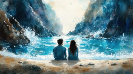 Obraz premium A watercolor painting of a couple in love, seated by the ocean's edge, with gentle waves and pastel hues reflecting the calm and romantic atmosphere of Valentine's Day.