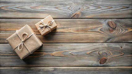 Fototapeta premium Rustic Wooden Background with Two Small Wrapped Gifts Featuring a Simple String Bow