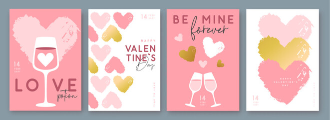 Set of Happy Valentines Day greeting cards, covers or posters with love hearts in modern style. Valentine background. Flat design. Vector illustration