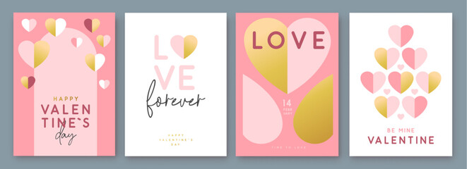 Set of Happy Valentines Day greeting cards, covers or posters with love hearts in modern style. Valentine background. Flat design. Vector illustration