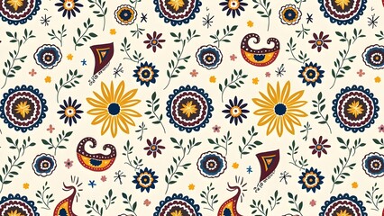 Fototapeta premium Intricate Paisley and Floral Medallion Wallpaper Bold Indigo and Emerald Accents on Pale Ivory Background