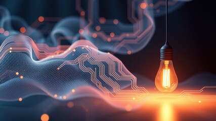 A glowing light bulb hangs above abstract waves of digital circuits, merging technology and illumination in a futuristic setting.