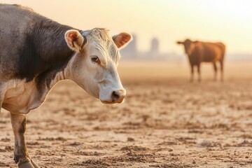 Fototapeta premium Cattle grazing in dry fields rural landscape golden hour close-up agriculture