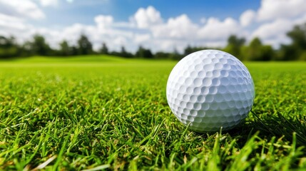 Obraz premium Ready golfer preparing to hit a ball on the green, framed by lush grass and bright skies, perfect for summer and weekend concepts.