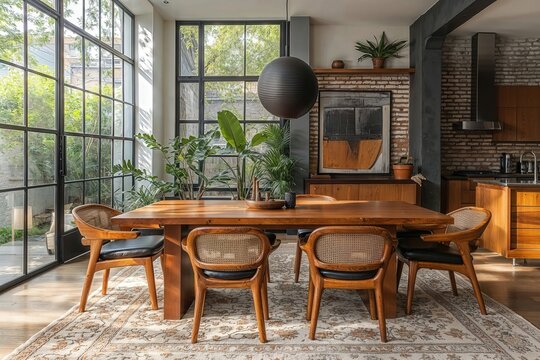 Generative AI, Afrocentric Modern Dining Room with Hand-Carved Wooden Furniture and Cultural Elegance