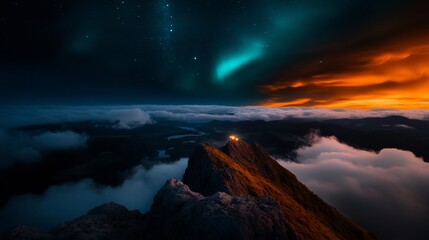 Fototapeta premium Majestic Mountain Peak Above the Clouds at Night