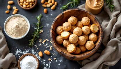 Rustic wooden bowl filled with peanut butter protein bites, a wholesome treat showing homemade goodness, suitable for food blogs, healthy recipes, social media.