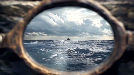 A boat is sailing in the ocean with a cloudy sky in the background