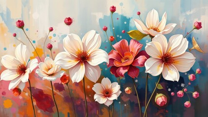 A vibrant floral painting featuring blooming flowers in shades of pink and white, set against a colorful abstract background.