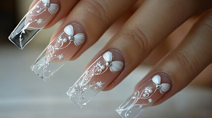 Stylish long acrylic nails with square tips and French design, enhanced by D bows and delicate encapsulated flowers.