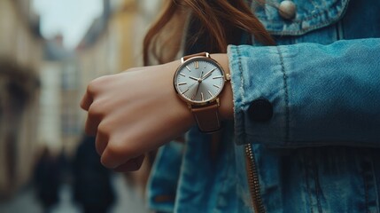 Stylish street style featuring a golden wristwatch on a woman's hand, close-up with a European backdrop and space for text.
