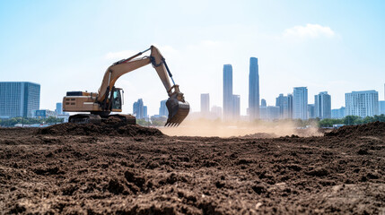 Obraz premium A construction excavator works on a dusty site with city skyscrapers in the background under a clear blue sky.