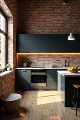 Stylish modern kitchen with brick walls and sleek cabinets, perfect for contemporary living.