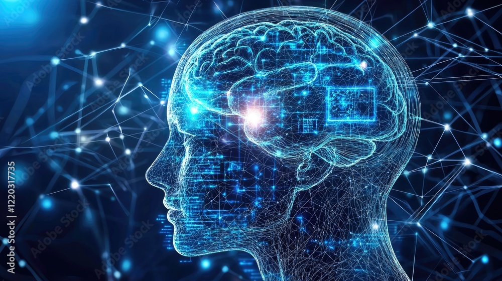 Poster Futuristic digital illustration depicting the concept of artificial intelligence with neural networks and data flow, emphasizing technological innovation and brain activi