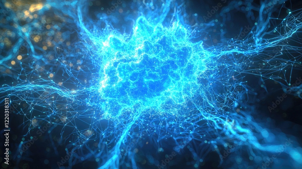 Fototapete this abstract image features a glowing blue digital background filled with particles and connected l