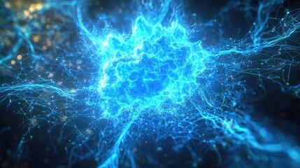 Fototapeta premium This abstract image features a glowing blue digital background filled with particles and connected lines, symbolizing technology and network concepts in a modern and arti