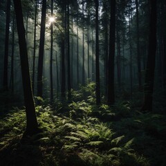 Obraz premium Describe the play of shadows in a dense forest and how it creates a sense of mystery.