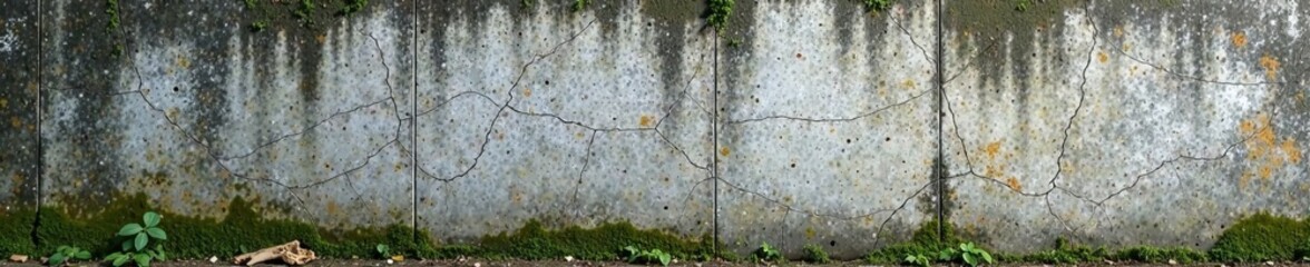 Weathered wall showcasing peeling paint and mossy textures, ideal for design projects.