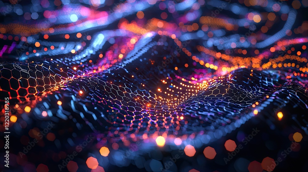 Aufkleber A stunning visual representation of Earth showcasing a digital network with hexagonal patterns and vibrant city lights at night, symbolizing technology and connectivity i