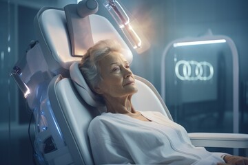 A mature woman sits calmly in a sleek, modern treatment chair within a futuristic clinic. High-tech devices surround her as she prepares for a beauty treatment. 