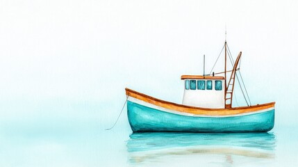 Fototapeta premium Colorful watercolor fishing boat floating on calm water, serene landscape ideal for travel and sea-themed designs