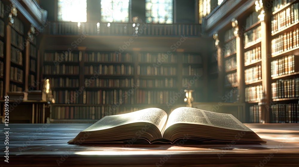 Poster an open book rests on a table, surrounded by a softly blurred background of library shelves. the ima