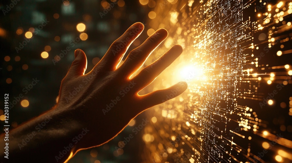 Fototapete a hand reaches towards a bright light against a digital network backdrop, symbolizing innovation and