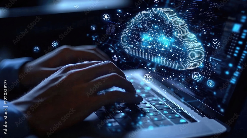 Poster A close-up view of hands typing on a laptop, overlaid with digital network icons symbolizing cloud computing and modern technology connectivity in a contemporary workspac
