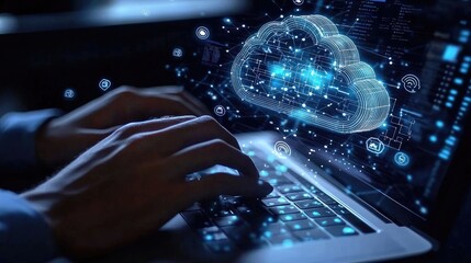 A close-up view of hands typing on a laptop, overlaid with digital network icons symbolizing cloud computing and modern technology connectivity in a contemporary workspac