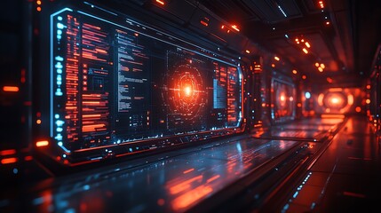 Futuristic spaceship corridor with advanced digital displays