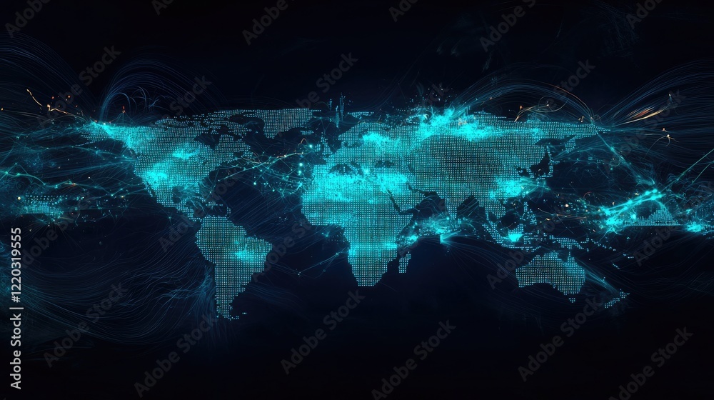 Poster Captivating abstract digital graphic showcasing data visualization with a world map and line chart representing financial trends and market indicators in blue and vibrant