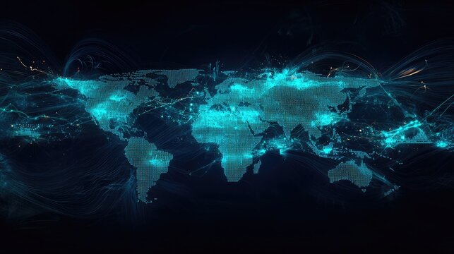 Captivating abstract digital graphic showcasing data visualization with a world map and line chart representing financial trends and market indicators in blue and vibrant