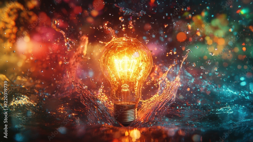 Poster a striking image featuring a glowing light bulb amidst colorful water explosions, creating a vibrant
