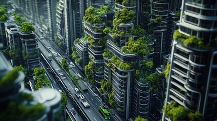 Obraz premium A bustling smart city filled with autonomous vehicles and greenery.