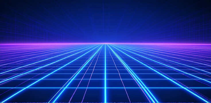 3d abstract 1980's retrowave, cyberpunk background with copy space, neon perspective grid