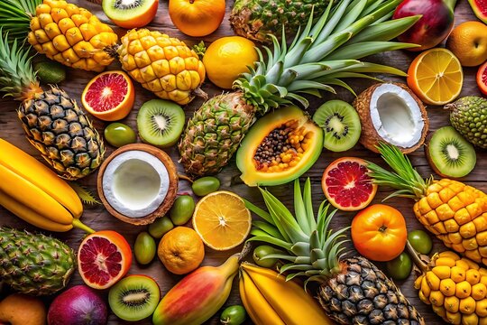 Table full of fruit including oranges, kiwis, and bananas