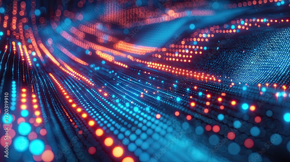 Leinwandbilder Discover a stunning abstract digital background featuring glowing dots and lines that symbolize data connection and networking in a captivating blue gradient.