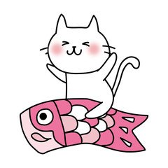 鯉のぼりにまたがる白い猫