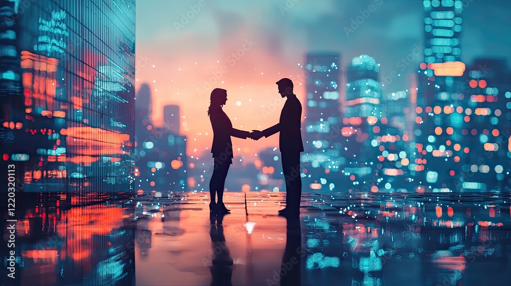 Poster a dynamic image illustrating two business professionals shaking hands with a vibrant city skyline ov