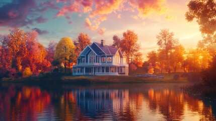 Fototapeta premium Houseboat on Lake with Forest