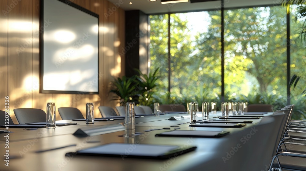 Poster a modern conference room setting where a speaker engages an attentive audience during a business pre