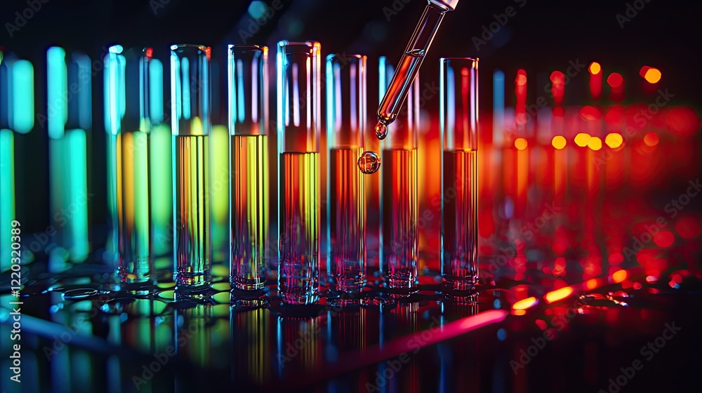 Poster A colorful display of laboratory test tubes with a pipette dropping liquid showcases scientific research in action, highlighting vibrant colors and precision techniques i