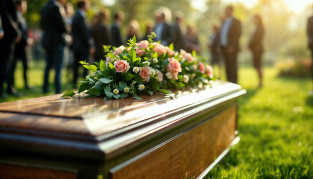 An outdoor funeral service with a coffin, flowers and mourners, a cemetery burial moment at summer time in sunny daylight
